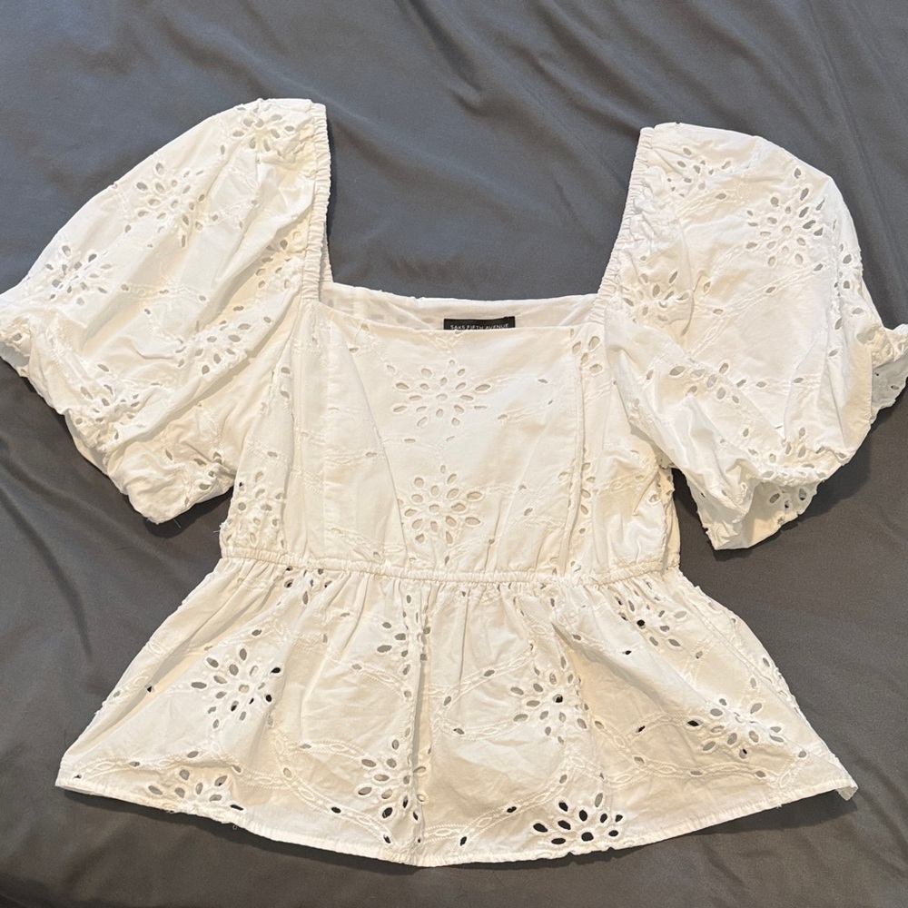 Saks Fifth Avenue White Eyelet Puff-Sleeve Peplum Blouse